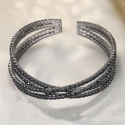 FUTIMELY Chunky Rhinestone Open Cuff Bracelets,Glittering Layered Cubic Zirconia Bangle,Aesthetic Black Crystal Geometric Bracelets for Party Prom Wedding in Saudi Arabia
