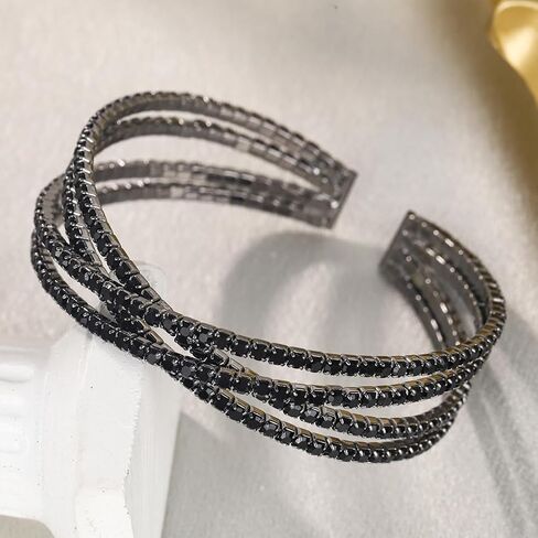 FUTIMELY Chunky Rhinestone Open Cuff Bracelets,Glittering Layered Cubic Zirconia Bangle,Aesthetic Black Crystal Geometric Bracelets for Party Prom Wedding in Saudi Arabia
