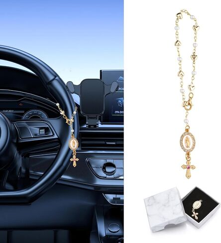 Catholic Rosary Hanging Pendant Chain,Interior Men Women Car Accessories,Steering Wheel Rosary Charm Accessory With Virgin Mary Charm And Crucifix,Car Cross Charms (Gold) in Saudi Arabia