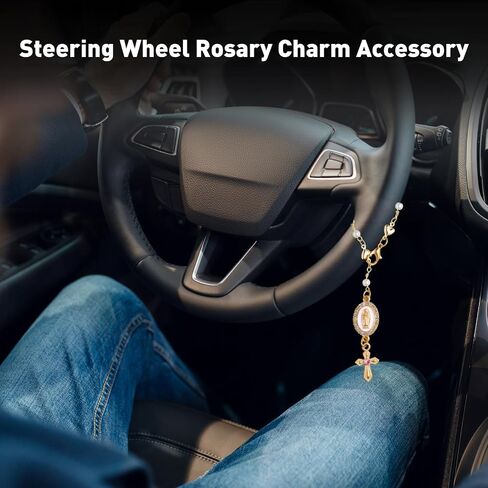 Catholic Rosary Hanging Pendant Chain,Interior Men Women Car Accessories,Steering Wheel Rosary Charm Accessory With Virgin Mary Charm And Crucifix,Car Cross Charms (Gold) in Saudi Arabia