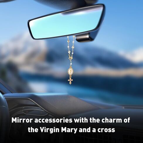 Catholic Rosary Hanging Pendant Chain,Interior Men Women Car Accessories,Steering Wheel Rosary Charm Accessory With Virgin Mary Charm And Crucifix,Car Cross Charms (Gold) in Saudi Arabia