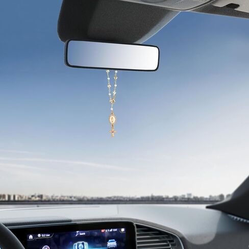 Catholic Rosary Hanging Pendant Chain,Interior Men Women Car Accessories,Steering Wheel Rosary Charm Accessory With Virgin Mary Charm And Crucifix,Car Cross Charms (Gold) in Saudi Arabia