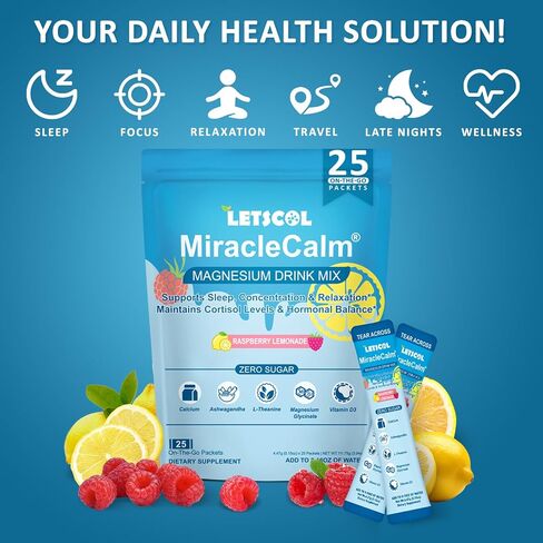 MiracleCalm Drink Mix Powder, Calm Magnesium Calcium Supplement, Cortisol Drink Powdered for Sleep, Relaxed & Focus with Easily Absorbed L-Theanine, Vitamin D3, Ashwagandha, Sugar Free (20 Packs) in Saudi Arabia