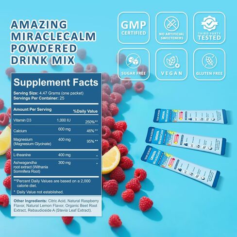 MiracleCalm Drink Mix Powder, Calm Magnesium Calcium Supplement, Cortisol Drink Powdered for Sleep, Relaxed & Focus with Easily Absorbed L-Theanine, Vitamin D3, Ashwagandha, Sugar Free (20 Packs) in Saudi Arabia