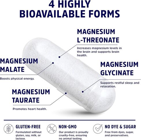 مجمع المغنيسيوم L- ثريونات | 4 أشكال عالية التوافر بيولوجيًا - (Magtein™ الحاصلة على براءة اختراع) مغنيسيوم إل-ثريونات، جليسينات، مالات، تورات | لا أكسيد | صحة الدماغ، دعم النوم | حصة 300 ملغ | 120 قبعات in Kuwait