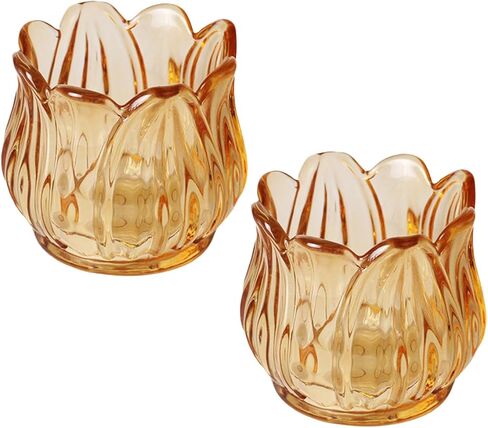 2PCS حاملي الشموع نذري، حامل شموع ضوء الشاي توليب الزجاج، حامل شموع تيلايت العنبر، حاملات شموع كريستال زهرة لديكور المنزل وحفلات الزفاف in Kuwait