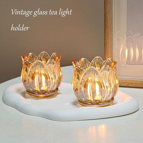 2PCS حاملي الشموع نذري، حامل شموع ضوء الشاي توليب الزجاج، حامل شموع تيلايت العنبر، حاملات شموع كريستال زهرة لديكور المنزل وحفلات الزفاف in Kuwait