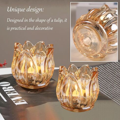 2PCS حاملي الشموع نذري، حامل شموع ضوء الشاي توليب الزجاج، حامل شموع تيلايت العنبر، حاملات شموع كريستال زهرة لديكور المنزل وحفلات الزفاف in Kuwait
