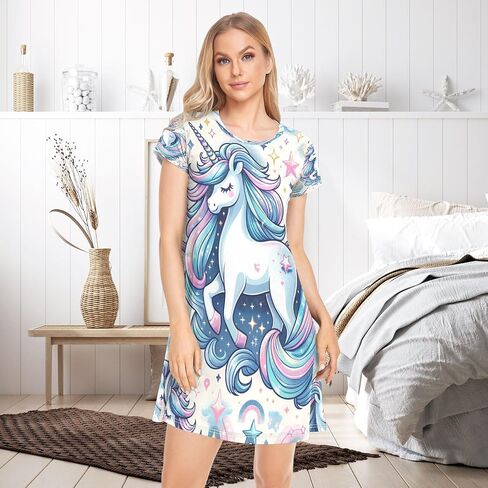 Unicorn Women's Nightgown Short Sleeve Sleepwear Comfy Sleepshirts Casual Sleepdress Nightshirt S-XXL in Saudi Arabia