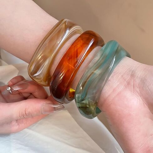 ALEXTINA Resin Bangle Bracelets for Women Set of 3 Chunky Acrylic Bracelets, Wide Retro Stackable Statement Cuff, 70s 80s Style Summer Jewelry Gift in Saudi Arabia
