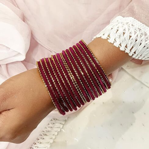 Efulgenz Indian Bangle Set Plain Velvet Bangles with Oxidized Metal Ball Bangle Bracelet Boho Bohemian Bracelet Metal Bangle Set Statement Fashion Jewelry for Women (26 Pcs) in Saudi Arabia