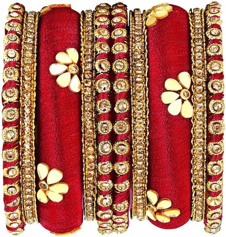 Aheli Silk Thread Fabric and Stone Studded Kundan Chura Chuda Bangles Set Gift for Women Size in Saudi Arabia