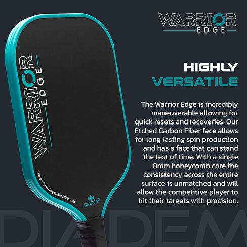 Diadem Warrior Edge Pickleball Paddle, Carbon Fiber Etched Face for Max Spin, Aero Guard Edge, 16mm Core, Midweight 8oz. - Teal in Kuwait