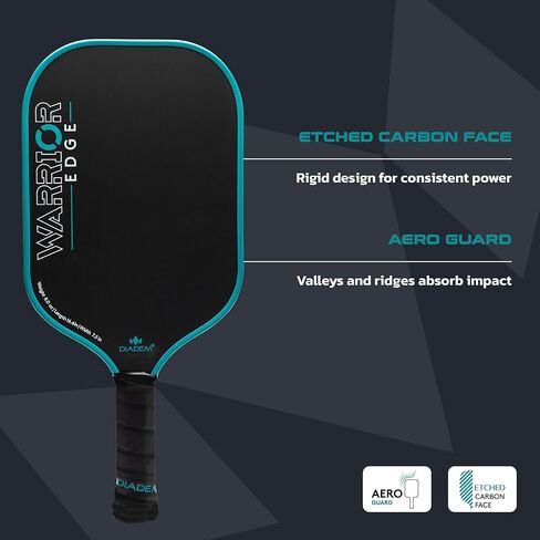 Diadem Warrior Edge Pickleball Paddle, Carbon Fiber Etched Face for Max Spin, Aero Guard Edge, 16mm Core, Midweight 8oz. - Teal in Kuwait