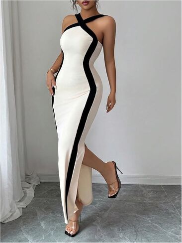 GORGLITTER المرأة الرسن الرقبة Bodycon ماكسي فساتين الجانب سبليت كتلة اللون متقاطع قلم رصاص حفلة فستان طويل in Saudi Arabia