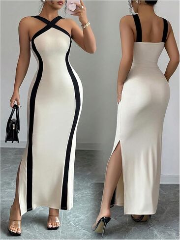 GORGLITTER المرأة الرسن الرقبة Bodycon ماكسي فساتين الجانب سبليت كتلة اللون متقاطع قلم رصاص حفلة فستان طويل in Saudi Arabia