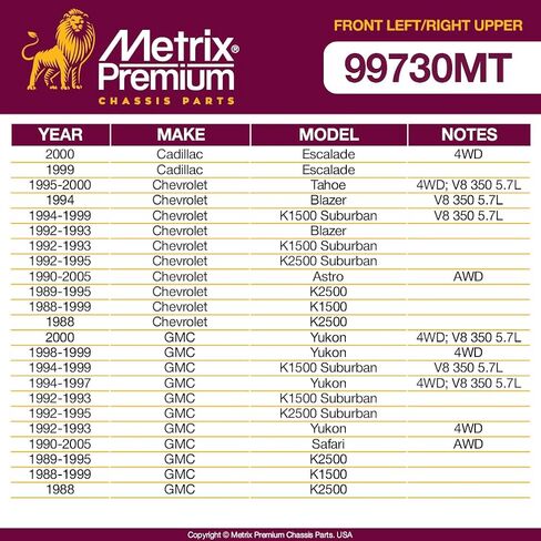 أجزاء الهيكل الفاخرة من Metrix - ذراع التحكم العلوي الأمامي الأيسر والأيمن مع مجموعة وصلة كروية ومجموعة جلبة تناسب 99-00 كاديلاك إسكاليد، 95-00 شيفروليه تاهو 4WD، 88-99 جي إم سي K1500، RK620720، RK620719 in Saudi Arabia