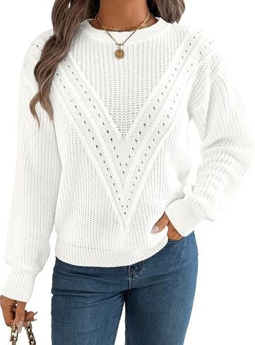 Womens Fashion Knit Sweater, Crochet Crew Neck Pullover Lantern Sleeve Tops, Trendy Fall Winter Clothes Daily Outfits in Kuwait