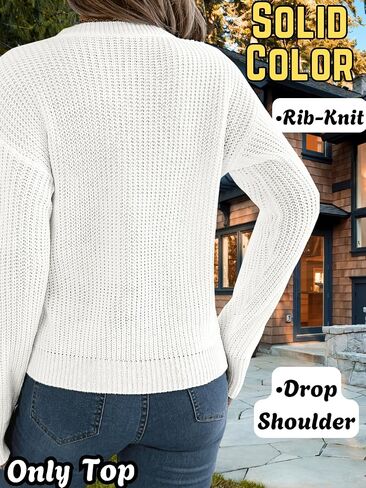 Womens Fashion Knit Sweater, Crochet Crew Neck Pullover Lantern Sleeve Tops, Trendy Fall Winter Clothes Daily Outfits in Kuwait