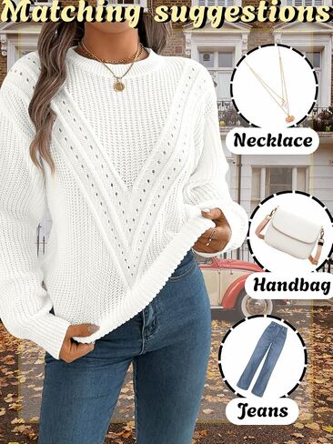 Womens Fashion Knit Sweater, Crochet Crew Neck Pullover Lantern Sleeve Tops, Trendy Fall Winter Clothes Daily Outfits in Kuwait