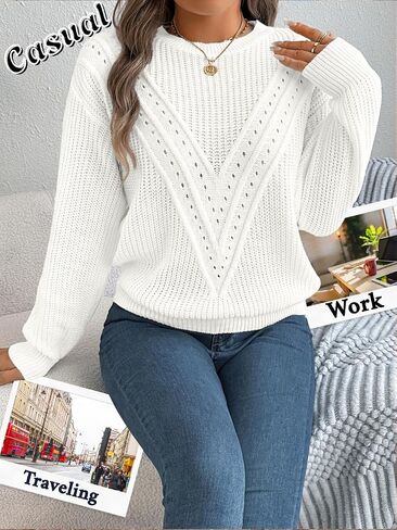 Womens Fashion Knit Sweater, Crochet Crew Neck Pullover Lantern Sleeve Tops, Trendy Fall Winter Clothes Daily Outfits in Kuwait