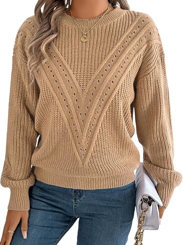 Womens Fashion Knit Sweater, Crochet Crew Neck Pullover Lantern Sleeve Tops, Trendy Fall Winter Clothes Daily Outfits in Kuwait