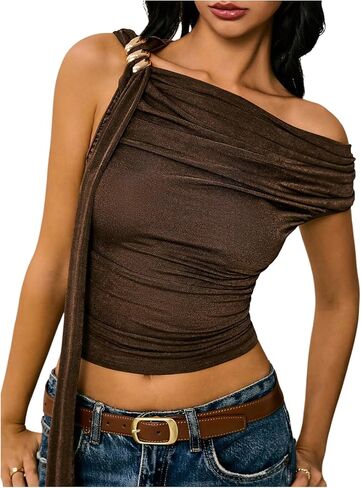 بلوزة نسائية SweatyRocks مكشكشة وثنيات للخروج مكشوفة الكتف بدون أكمام Y2K in Saudi Arabia