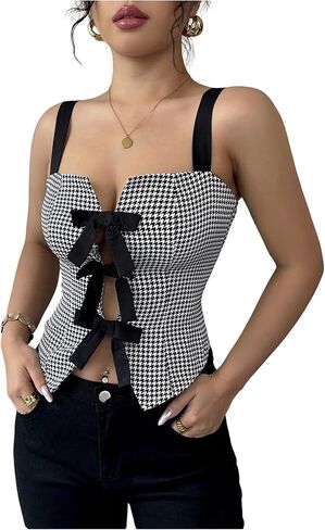 Milumia Women's Houndstooth Bow Cut Out Cami Top Sleeveless Square Neck Split Hem Crop Tops in Saudi Arabia
