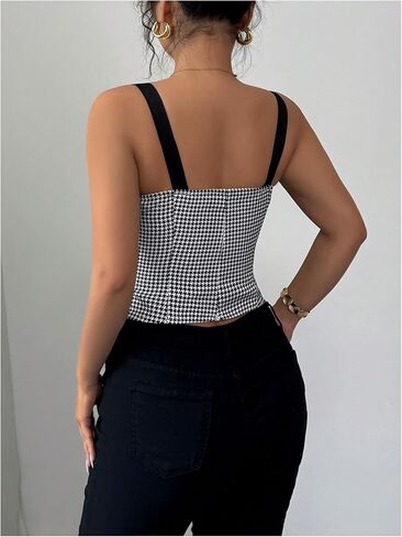 Milumia Women's Houndstooth Bow Cut Out Cami Top Sleeveless Square Neck Split Hem Crop Tops in Saudi Arabia