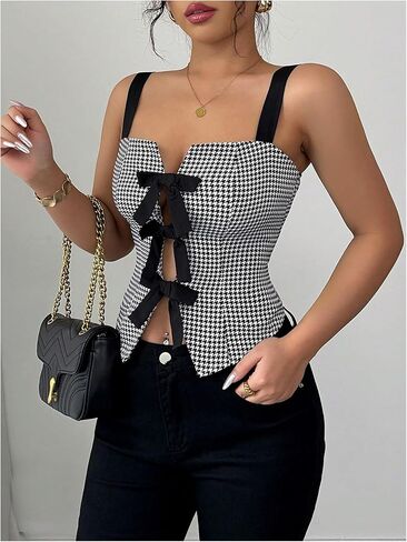 Milumia Women's Houndstooth Bow Cut Out Cami Top Sleeveless Square Neck Split Hem Crop Tops in Saudi Arabia
