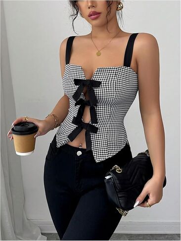 Milumia Women's Houndstooth Bow Cut Out Cami Top Sleeveless Square Neck Split Hem Crop Tops in Saudi Arabia