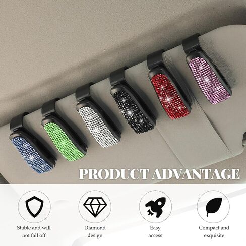 2 PCS Glasses Holders for Car Sun Visor, Bling Crystal Rhinestones Eyeglasses Sunglass Hanger Mount, Diamond Sunglass Hanger Mount with Ticket Card Clip for Women Girls (Black) in Saudi Arabia