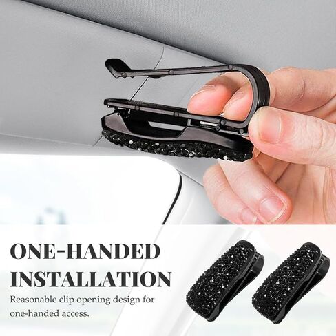 2 PCS Glasses Holders for Car Sun Visor, Bling Crystal Rhinestones Eyeglasses Sunglass Hanger Mount, Diamond Sunglass Hanger Mount with Ticket Card Clip for Women Girls (Black) in Saudi Arabia
