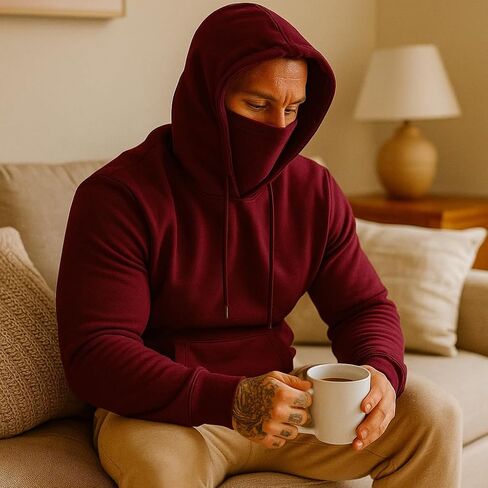 Mens Hoodie Fleece Pullover Sweatshirt with Mask and Pocket, Casual Athletic Drawstring Hooded Top in Saudi Arabia