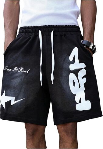 GORGLITTER Men's Y2k Graphic Shorts Drawstring Waist Active Casual Basketball Soccer Shorts with Pockets in Saudi Arabia