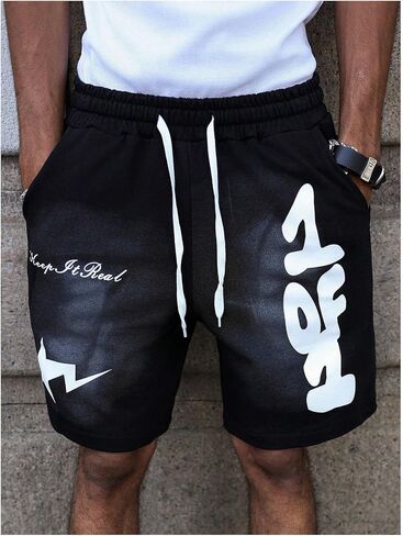 GORGLITTER Men's Y2k Graphic Shorts Drawstring Waist Active Casual Basketball Soccer Shorts with Pockets in Saudi Arabia