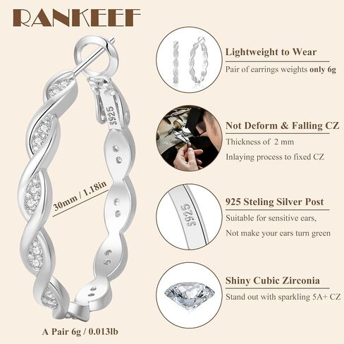 RANKEEF Large Twisted Hoop Earrings for Women with Shiny Cubic Zirconia Hypoallergenic 925 Sterling Silver Post Forever Love Hoops Trendy 3D Laser-Cut Sturdy Lightweight Big Twisted Gold Hoops in Saudi Arabia