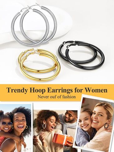 U7 Chunky Hoop Earrings for Women, Stainless Steel Hoops Earring, Classic Polished Thick Ear Jewelry, Black/Silver/Gold Hoop Earrings, 20/30/40/60/80mm in Saudi Arabia