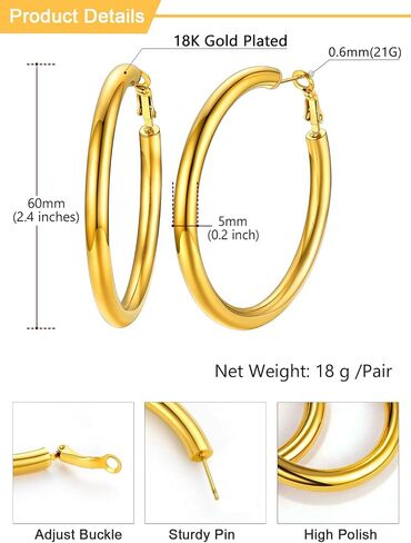 U7 Chunky Hoop Earrings for Women, Stainless Steel Hoops Earring, Classic Polished Thick Ear Jewelry, Black/Silver/Gold Hoop Earrings, 20/30/40/60/80mm in Saudi Arabia
