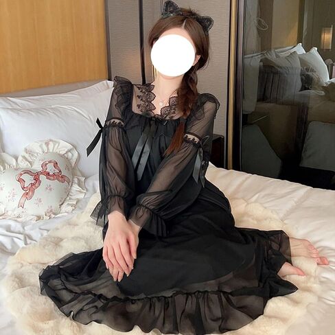 Women's Long Sleeve Victorian Nightgowns Sweet Bow Lace Trim Soft Sleepwear ruffle Princess Nightdress Loungewear in Saudi Arabia