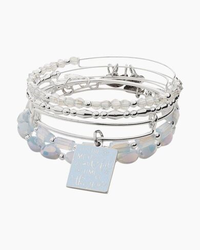 Alex and Ani 'It's The Most Wonderful Time of The Year' Set of 5 Charm Bangle Bracelets, Shiny Silver Finish, 2-3.5 in Diameter in Saudi Arabia