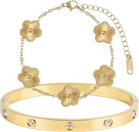 18K Gold Plated Clover Bracelet, Lucky Clover Bracelet Bangle Set For Women in Kuwait
