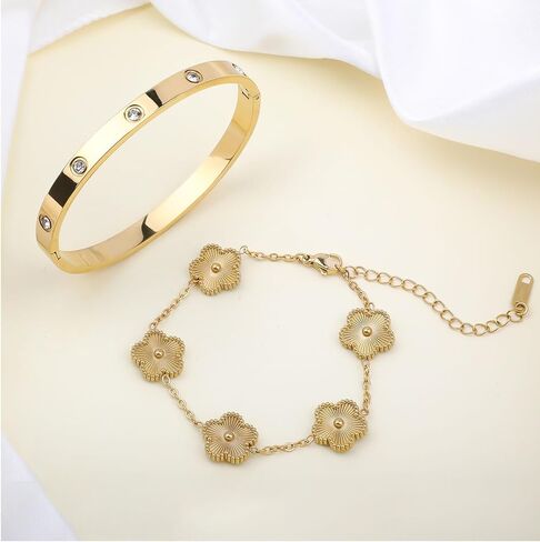 18K Gold Plated Clover Bracelet, Lucky Clover Bracelet Bangle Set For Women in Kuwait