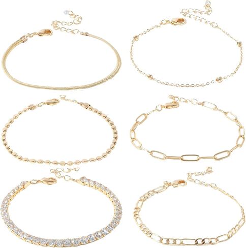 6-Piece Gold Bracelet Set for Women – Stackable Layered Dainty Gold Link Bracelets with Cubic Zirconia, Adjustable Gold Plated Chain Jewelry Gift Pack, Trendy Fashion Bracelets in Saudi Arabia
