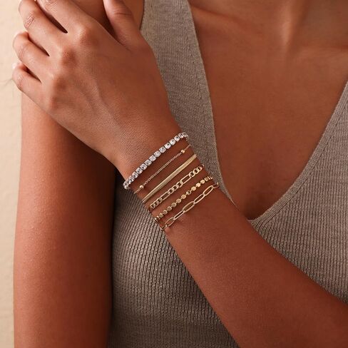 6-Piece Gold Bracelet Set for Women – Stackable Layered Dainty Gold Link Bracelets with Cubic Zirconia, Adjustable Gold Plated Chain Jewelry Gift Pack, Trendy Fashion Bracelets in Saudi Arabia