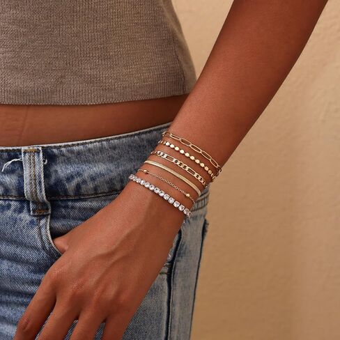 6-Piece Gold Bracelet Set for Women – Stackable Layered Dainty Gold Link Bracelets with Cubic Zirconia, Adjustable Gold Plated Chain Jewelry Gift Pack, Trendy Fashion Bracelets in Saudi Arabia