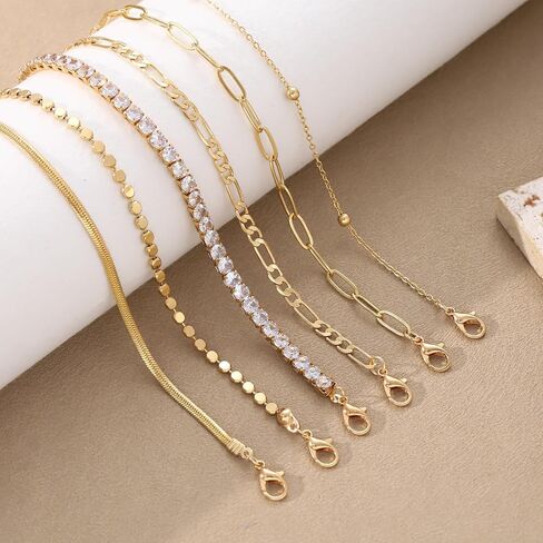 6-Piece Gold Bracelet Set for Women – Stackable Layered Dainty Gold Link Bracelets with Cubic Zirconia, Adjustable Gold Plated Chain Jewelry Gift Pack, Trendy Fashion Bracelets in Saudi Arabia