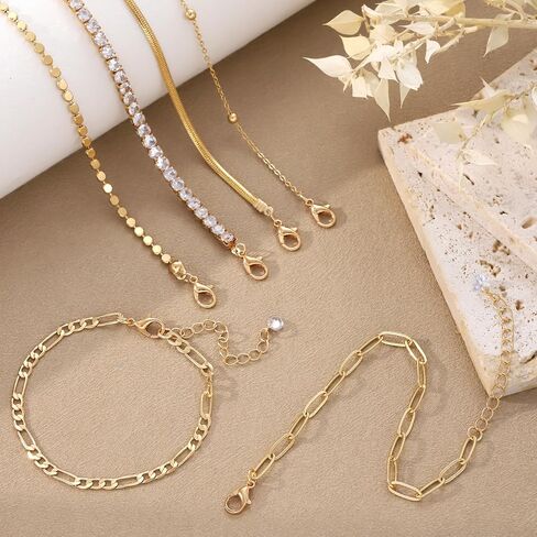 6-Piece Gold Bracelet Set for Women – Stackable Layered Dainty Gold Link Bracelets with Cubic Zirconia, Adjustable Gold Plated Chain Jewelry Gift Pack, Trendy Fashion Bracelets in Saudi Arabia