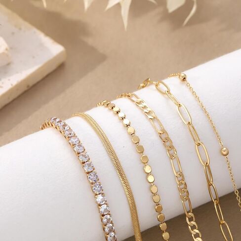 6-Piece Gold Bracelet Set for Women – Stackable Layered Dainty Gold Link Bracelets with Cubic Zirconia, Adjustable Gold Plated Chain Jewelry Gift Pack, Trendy Fashion Bracelets in Saudi Arabia