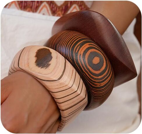 Handmade Chunk Wooden Bangle Bracelets for Women Retro Rivet Big Wide Cuff Stackable Bracelet Set Brown Wood Grain Geometry Statement Bracelet Bohemian Wooden Jewelry in Kuwait
